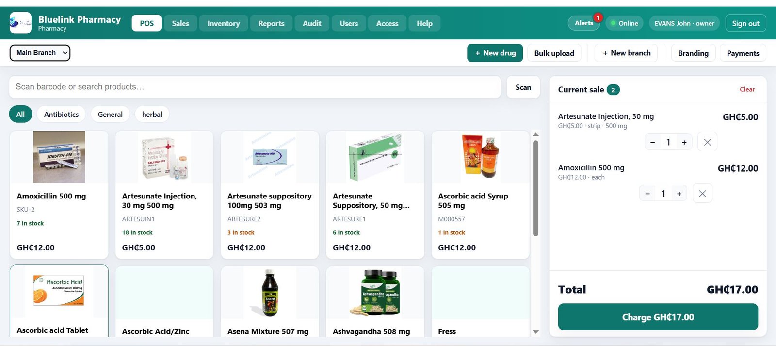 VendaPOS pharmacy point-of-sale terminal with drug catalogue and current sale