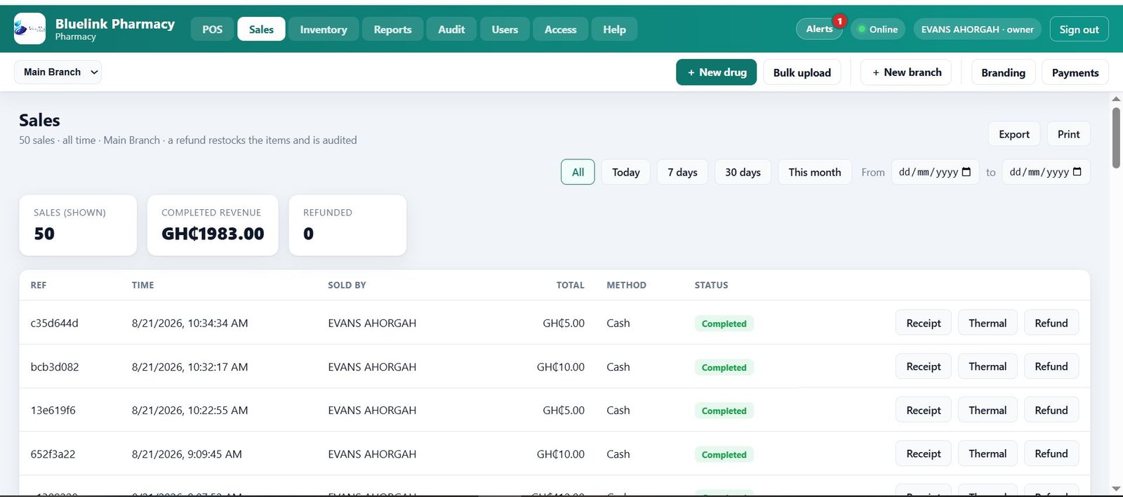VendaPOS pharmacy sales list with receipts and refunds