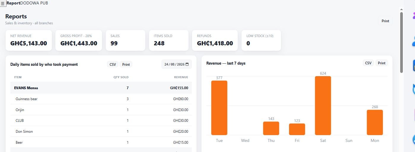 VendaPOS restaurant reports screen
