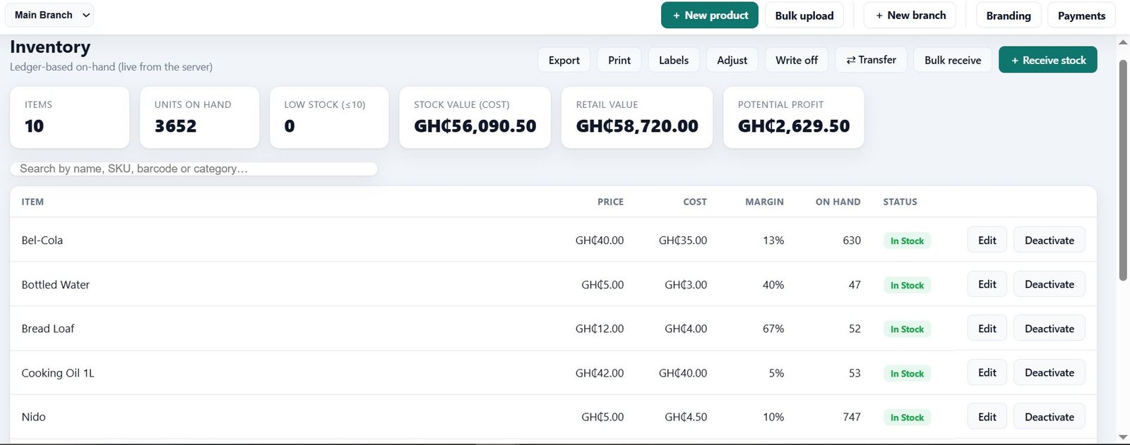 VendaPOS retail stock card and inventory